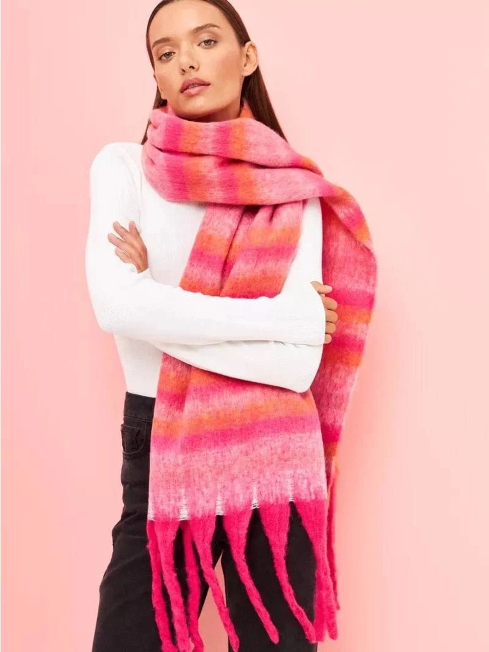 NWT Soft Striped Fringe Scarf in Hot Pink